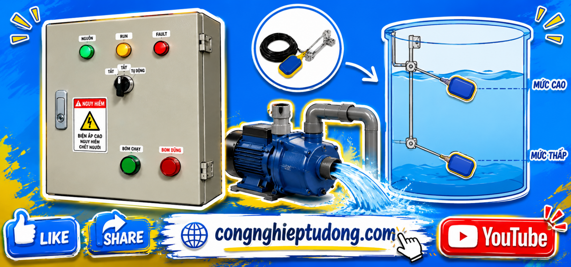 Tủ điện điều khiển bơm nước 1 pha 220VAC dùng phao cơ tự động